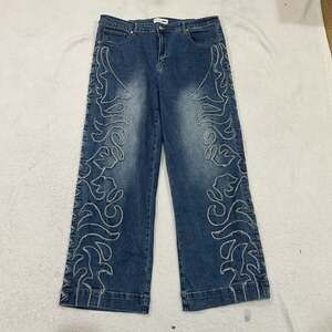 Fashion Nova Blazin' Embellished Wide Leg Jeans with Frayed Wing Embroidery Y2K